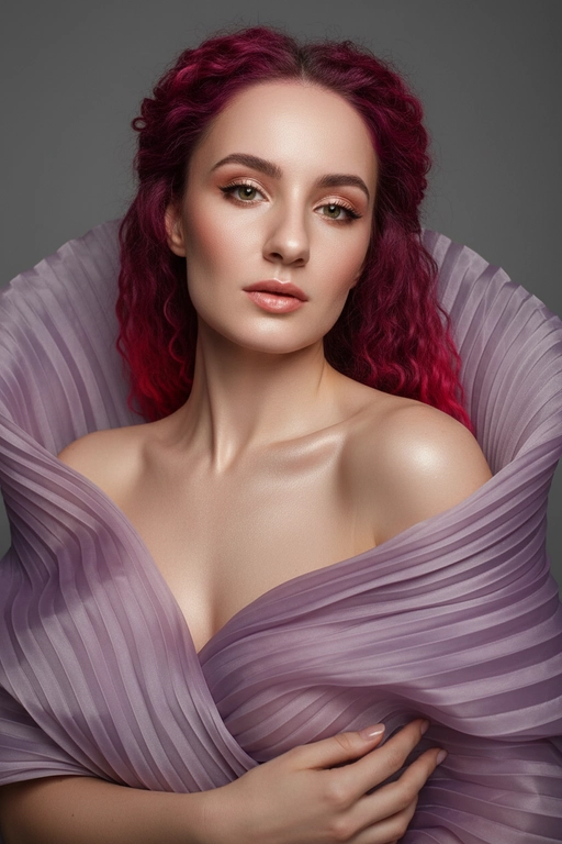    Создайте гиперреалистичный профессиональный студийный портрет женщины с волосами, уложенными на ровный пробор посередине, которые каскадом ниспадают на левое плечо (справа от зрителя) и частично скрыты за правым плечом (слева от зрителя). Камера снимается с немного низкого уровня глаз, глядя прямо на модель, охватывая ее от середины груди и выше. Голова слегка наклонена, взгляд прямой и притягательный.
Ее кожа безупречно гладкая и интенсивно сияет, словно подсвеченная мощным, сфокусированным источником света, подчеркивая мельчайшие поры и естественную текстуру кожи с сияющим, почти воздушным свечением, особенно в области декольте, плеч и верхних линий лица.

Её макияж тщательно проработан:
Глаза: чётко очерченные, ухоженные брови с заметными волосками, мягкие тени тёплых тонов (персиково-розовые и светло-коричневые) с лёгким мерцанием, чёткая чёрная подводка для глаз, создающая нежный кошачий взгляд, и идеально распущенные, объёмные ресницы, подчеркивающие каждую ресничку, с лёгким акцентом на нижних ресницах. Во внутреннем уголке глаза выделяется яркий блик. Радужки глаз отражают рассеянный студийный свет с изысканными узорами.
Щёки: лёгкий, растушёванный румянец натурального розового или персикового оттенка, изящно очерченные скулы и интенсивный, почти влажный блик на выступающих частях лица (скулы, переносица, дуга Купидона), создающий эффект увлажненности и сияния. Губы: губы нежного, естественного кораллово-розового или розово-персикового цвета с мягким атласным финишем, подчеркивающим тонкие естественные линии и текстуру губ, с лёгким бликом на дуге Купидона.

Она изящно одета в объёмную, струящуюся ткань с изящной плиссировкой, напоминающую прозрачный атлас или шёлк. Плиссированная ткань эффектно обрамляет фигуру, создавая объёмную, почти органичную форму, которая высоко поднимается за головой и огибает левое плечо (правое для зрителя), изящно струясь по груди и открывая обнажённые плечи. Материал обладает лёгким, сияющим блеском и мягкой полупрозрачностью, улавливая и отражая студийный свет, подчёркивая его роскошную текстуру и плавные движения. Складки очень детализированы, создавая глубокие тени и яркие блики, которые подчёркивают волнистую форму, а некоторые участки ткани также демонстрируют повышенную светоотражающую способность. Её правая рука (левая для зрителя) нежно касается ткани у груди, на ней видны ухоженные ногти. Освещение выполнено по принципу софтбокса, но с более сильным, концентрированным основным светом для создания интенсивного свечения, сохраняя при этом мягкие тени, которые подчёркивают черты её лица и изгибы плеч без резкости. Фон — гладкий, однотонный средне-серый, обеспечивающий чистый контраст и полностью фокусирующийся на модели. Общее впечатление — утончённая элегантность, изящество и гиперреалистичная детализация, передающая каждый нюанс её красоты, выражения лица и сложную текстуру её волос, кожи и одежды. Черты лица и особенности её внешности должны быть точно воспроизведены с референсной фотографии. Плиссированная ткань пыльно-лавандового цвета 