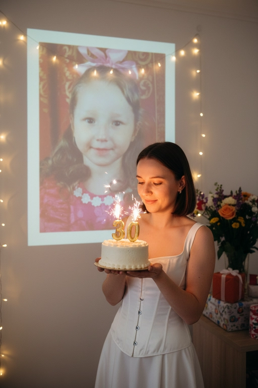 Создай ультрареалистичное фото, сделанное на камеру телефона в комнате, где изображен человек, который держит бенто торт с горящими золотыми свечами. В качестве фона на однотонную стену проецируется фотография из детства. Спроецированное фото занимает большую часть фона. Сочетание образов взрослого человека и ребёнка на фоне создаёт тёплую, ностальгическую атмосферу, подчеркивая связь между прошлым и настоящим. На стене висят гирлянды, рядом со стеной виднеются подарки и букет цветов. Снимок выглядит очень стильным и продуманным, присутствует ощущение праздника и воспоминаний. Не меняй внешность, полностью сохрани черты лица. Свечи на торте в форме числа 30. Женщина одета в молочное корсетное платье.