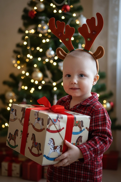 Используйте отправленную мной фотографию в качестве референса. Камера снимается немного выше уровня глаз, глядя прямо на модель, охватывая от середины груди и выше.  На изображении человек держит подарочную коробку  (размер 50х500х50 сантиметров) с крышкой, перевязанную красной лентой. На коробке нарисованные игрушечные лошадки. На фоне размытая рождественская или новогодняя елка. Лицо в три четверти (3/4), Модель в красной пижамной рубашке в клетку. Смотрит в камеру с легкой улыбкой, как будто предвкушая открыть свой подарок. 

Освещение выполнено по принципу софтбокса, но с более сильным, концентрированным основным светом для создания интенсивного свечения, сохраняя при этом мягкие тени, которые подчёркивают черты лица человека. 
Гиперреалистичная детализация, передающая каждый нюанс красоты, выражения лица и сложную текстуру волос, кожи и одежды. Атмосфера новогоднего праздника.  На голове у ребенка рождественский ободок с коричневыми оленьими рогами