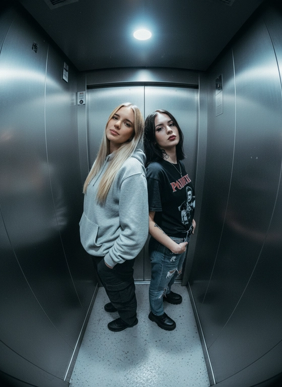 Используй предоставленные изображения и создай фото с двумя людьми в лифте с металлическими стенами. Цветовая гамма с преообладанием серых металлических оттенков. Кадр снят с максимально верхнего ракурса, люди будто заглядывают в камеру, их головы подняты наверх, взгляд в камеру. Легкий эффект fish eye. Реалистичное фото. Зернистость пленочного фото, насыщенные цвета, стиль фото y2k. Сохрани черты лица людей. Они стоят спиной друг к другу. Руки в карманах.