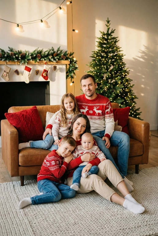   Создай трогательный кадр из профессиональной фотосессии в студии, где запечатлен момент семейной близости. Люди на фото могут быть как взрослыми так и детьми, в зависимости от предоставленных фото. Сделай так, чтобы все они смотрелись гармонично и трогательно. Фото в стиле Энни Лейбовиц, четкий фокус.

Люди в расслабленных позах на низком коричневом кожаном диване и на плотном светлом вязаном ковре. Естественные прически и минимальный макияж. 

Студия украшены в рождественском или новогоднем стиле, рядом с диваном стоит елка, позади дивана камин. Каминная полка украшена еловой гирляндой, шишками и маленькими рождественскими носочками. На диване красные декоративные подушки. В студии висят теплые гирлянды и мягко светятся.  

На фото видно лица людей и они смотрят в камеру.
 
Освещение мягкое, естественное, теплое, в стиле "Золотой час", мягкие тени, камера на уровне глаз, теплый цветовой грейд (золотисто-коричневые тона), натуральные оттенки, тонкая ретушь, мягкая пленочная текстура, атмосфера уюта, семейного тепла и близости. Одежда в новогоднем стиле: уютные свитера - красного или белого цвета, с узорами или вышивкой оленя, джинсы и бежевые брюки. Схожесть лиц 100%. На фото папа, мама, сын, дочь, дочь