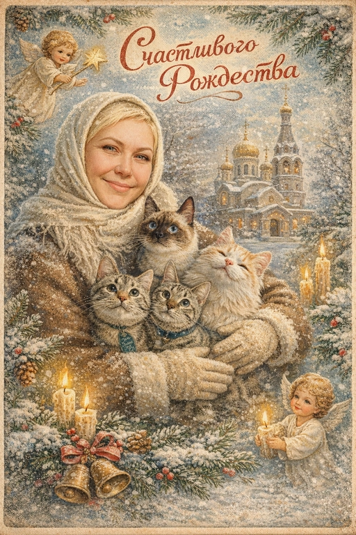 Создай винтажную рождественскую открытку со всеми людьми или одним человеком из предоставленных фотографий. Стиль - советские сказочные открытки 1950-1970-х годов, мягкая живописная иллюстрация, ощущение тепла и уюта. Композиция и формат: • Персонажи остаются в центре композиции • Фон - православная церковь, зимняя сказочная атмосфера Лица: • Лица сохранить максимально похожими на оригинальную фотографию (one-to-one likeness) • Без изменения черт лица, возраста и эмоций • Реалистичное сходство, аккуратная художественная стилизация без искажений. Одежда и образы: • Заменить современную одежду на старинную зимнюю советскую одежду. Если человек- женского пола , то добавь белый платок на голову. ⁠ Декор и детали:  • Хвойные ветки • ангелочки в сказочном стиле, церковные свечки • Лёгкий снег, морозные узоры Цвет и атмосфера: • Светлая, зимняя, мягкая цветовая палитра • Пастельные оттенки, эффект старой бумаги, легкое зерно • Сказочное, теплое новогоднее настроение  • Шрифт - изящный, рукописный, сказочный, в стиле советских открыток. Надпись: «Счастливого Рождества»