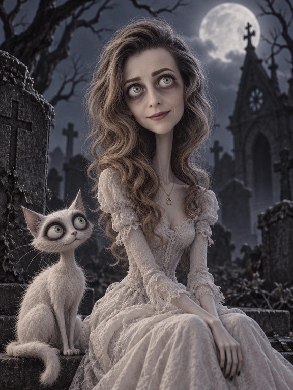 Create me into a tim burton character

Доп. характеристики: Создать реалистичный портрет в стиле Тима Бертона, сохранить черты лица. Девушка сидит в белом платье на кладбище рядом с белой кошкой