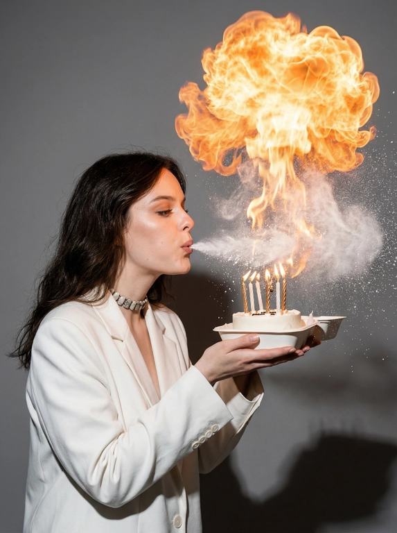 Ультрареалистичная фотография запечатлённого мгновения на день рождения. Лицевые черты, гендер, возрастная категория, мимика, укладка волос и телосложение воспроизводятся строго идентично прилагаемому референсу. Сюжет: человек запечатлён в профиль, в руках — миниатюрный белоснежный бенто-торт с горящими декоративными свечами. человек выдувает изо рта облако белой сахарной пудры в направлении пламени свечей, что провоцирует мгновенную мощную объёмную вспышку пламени (огненный шар). В воздухе над тортом — смешение огня с частицами белой пудры. Нейтральный серый студийный фон, резкая жёсткая тень. Качество 8k, эффект стоп-кадра.

Какой будет наряд?: Наряд: Белый оверсайз пиджак. На шее чокер с камнями.