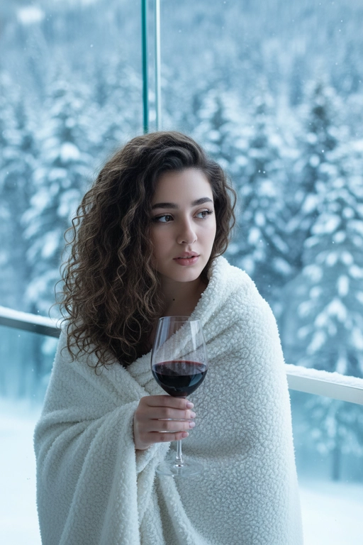 Профессиональная фотография потрясающей женщины в стиле fashion lifestyle со сверхвысоким разрешением, возьмите за основу прилагаемую фотографию и максимально сохраните все черты лица, сохранив точные черты лица, цвет глаз, волос и тон кожи, завернутые в толстое белое пушистое одеяло, с бокалом красного вина в руках. вино, задумчиво смотрящий в сторону с поджатыми губами, на современном стеклянном балконе с видом на густой заснеженный еловый лес зимой, мягкий естественный рассеянный дневной свет с прохладными тенями, портрет крупным планом, снятый от груди и выше под небольшим углом, безмятежная уютная романтическая атмосфера, холодные бело-голубые снежные тона с теплыми акцент на красном вине, небольшая глубина резкости, четкий фокус на лице и бокале, фон в стиле боке, редакционный снимок красоты, 8K, сверхдетализированная, профессиональная фотография.