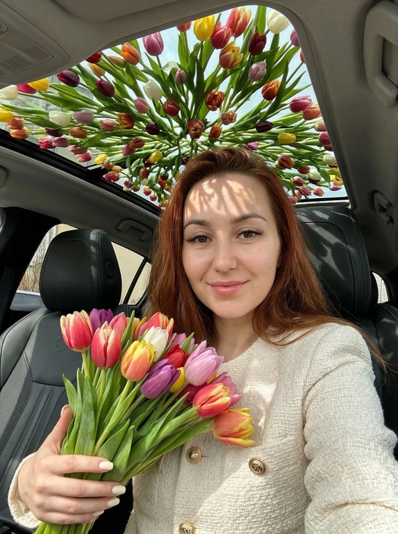 Ультрареалистичная фотография персонажа/персонажей, сидящего или сидящих в современном автомобиле с большой панорамной стеклянной крышей. Если персонаж - женского пола, то у нее короткий маникюр молочного цвета на ногтях и естественный макияж.

Над панорамной крышей раскинулся густой полог из тюльпанов (разных цветов и сортов), покрывающий все небо. Тюльпаны хаотично лежат на всей поверхности стеклянной крыше (обязательно лежали на поверхности). Мягкий естественный солнечный свет пробивается сквозь тюльпаны, создавая красивые тени внутри автомобиля. Кинематографическое освещение, высокая детализация, роскошная лайфстайл-фотография, 8K.

Если персонаж - Женщина, то сидит слева, одета в кремовый фактурный жакет с золотыми пуговицами. 

Если персонаж - Мужчина, то сидит справа, одет в коричневую куртку из замши, темную футболку.

Не меняй возраст, внешность, цвет волос.

Выберите количество человек (1 или 2): Женщина сидит, делая селфи (телефона в кадре не видно) и держит букет тюльпанов (разные цвета) в автомобиле Пежо 308 с панорамной крышей
