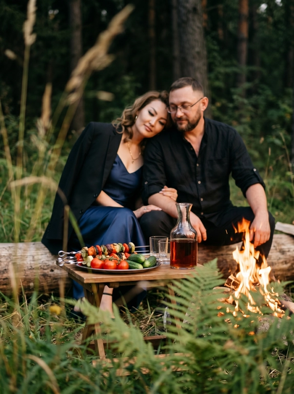 Мужчина и женщина сидят на природе у костра рядом с небольшим столиком, на котором овощи, шашлык, графин с напитком и два стакана. Они находятся в лесу, сидят на бревне. Женщина положила голову на плечо мужчине, оба смотрят на костёр. Фото слегка смазанное. Женщина одета в атласное платье-комбинация на тонких лямках, а поверх накинут мужской черный пиджак. Мужчина в чёрной льняной рубашке с закатанными рукавами. На переднем плане сбоку частично размытая трава вне фокуса, создаёт эффект движения. Кинематографический эффект с добавлением зерна. Не меняй черты лица.