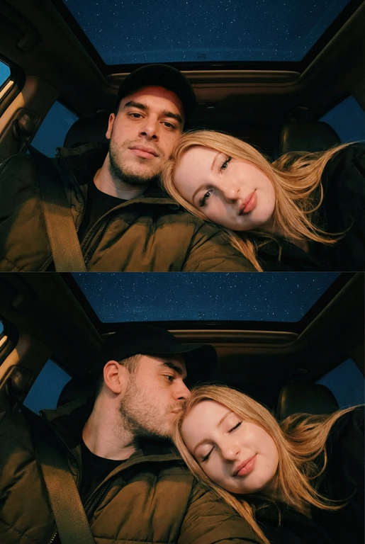 Создай вертикальный коллаж из двух фотографий в одном стиле.
Обе фотографии сняты внутри автомобиля, а через стеклянную крышу видно темное звёздное небо. Фото темное, снято на телефон, Атмосфера тёплая, уютная и романтичная. Фотографии должны быть реалистичными, с мягким освещением, естественными оттенками кожи и одинаковой цветокоррекцией на обеих частях коллажа.
Верхнее фото:
POV селфи: пара лежит рядом, крупный план. Мужчина в тёмной куртке и чёрной бейзболке смотрит в камеру. Женщина лежит, опираясь головой на его плечо, тоже смотрит в камеру. Мягкий свет на лицах, спокойные выражения.Акцент на лица.
Нижнее фото:
Та же композиция и ракурс. POV селфи: Мужчина нежно целует женщину в висок, женщина закрывает глаза с лёгкой улыбкой. Крупный план, фокус на эмоциях. Акцент на лица.