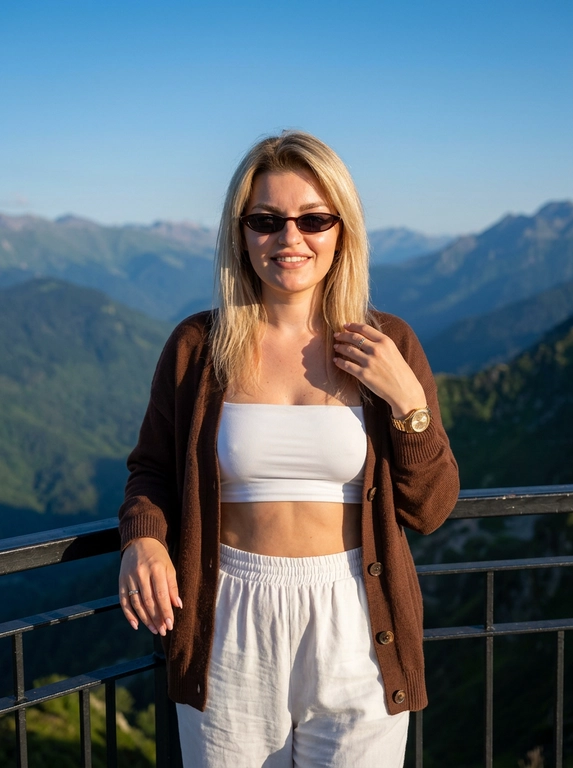 Фотореалистичная fashion-съёмка на природе, ultra realistic, высокая детализация кожи, натуральная текстура пор, реалистичная проработка ткани, профессиональная цветокоррекция, cinematic lighting, высокая резкость, мягкая глубина резкости. Женщина стоит на смотровой площадке в горах, камера расположена фронтально на уровне груди, средний план до бёдер. Композиция вертикальная, модель находится в центре кадра, за её спиной открывается панорамный вид на горные хребты. Поза спокойная и уверенная: корпус направлен к камере, плечи расслаблены, одна рука опущена вдоль тела, другая поднята к плечу, создавая элегантную позу, взгляд направлен в камеру через солнцезащитные очки. Одежда в лёгком casual-luxury стиле: белый спортивный топ-бандо без рукавов, подчёркивающий талию, свободные белые брюки с мягкой тканью и завязками на поясе, сверху лёгкий длинный кардиган или накидка тёплого шоколадно-коричневого оттенка с широкими рукавами. Аксессуары: узкие тёмные солнцезащитные очки с тонкой металлической оправой, на руке золотые часы и аккуратные кольца на пальцах, маникюр светлый розово-нюдовый. Макияж аккуратный и гламурный: ровный тёплый тон кожи, лёгкий бронзер, выразительные брови, длинные ресницы, нюдово-розовые губы с мягким матовым эффектом, кожа выглядит гладкой, естественной и детализированной. Освещение яркое естественное — тёплый солнечный свет падает сбоку и немного спереди, подчёркивает контуры лица и складки одежды, свет создаёт мягкие тени и усиливает глубину пейзажа. Фон — масштабный горный пейзаж с несколькими слоями горных хребтов, покрытых лесом, уходящих в голубую атмосферную дымку, на переднем плане чёрное металлическое ограждение смотровой площадки, небо чистое насыщенно-голубое. Цветовая палитра: глубокий голубой, природные зелёные и серо-синие оттенки гор, белый, тёплый коричневый, чёрный. Контрастная, но натуральная цветокоррекция, высокая фотореалистичность, детализированная кожа, реалистичная текстура ткани и природного ландшафта, стиль современной travel-fashion фотографии.