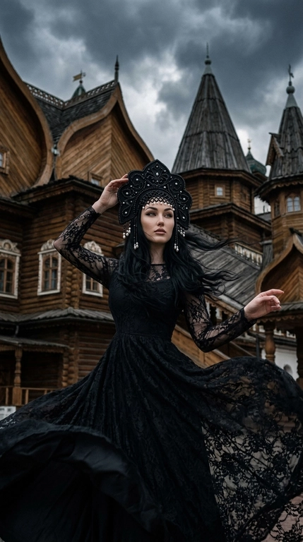 Фотореалистичный кинематографичный портрет. Женщина в образе славянской княжны стоит на фоне роскошного деревянного дворца царя Алексея Михайловича в Коломенском, с богато украшенными резными фасадами, башнями, теремами, фигурными крышами и исторической русской архитектурой XVII века. Съемка с нижней точки немного снизу вверх, крупный план до колен, камера расположена на уровне талии модели. Женщина повернута корпусом на три четверти, одна рука изящно поднята к кокошнику, вторая плавно отведена в сторону, создавая ощущение движения. На ней длинное черное кружевное платье с полупрозрачными рукавами и объемной струящейся юбкой, развевающуюся ветром, роскошный черный расшитый кокошник с бисером и декоративными подвесками. Волосы развеваются ветром. Выражение лица задумчивое и немного таинственное, взгляд направлен в сторону. Макияж выразительный и драматичный: идеально ровная матовая кожа, холодный скульптурирующий контуринг, глубокие дымчатые smoky eyes в серо-черной гамме, длинные густые ресницы, четко оформленные брови, матовые нюдово-розовые губы. Пасмурное предгрозовое небо, атмосферный ветер, развевающий волосы и кружево платья. Темная кинематографичная цветокоррекция с глубокими тенями, холодными графитовыми и темно-коричневыми оттенками, приглушенной палитрой, высокой детализацией дерева, резьбы и тканей. Небольшая глубина резкости, мягкое боке, объектив 85mm, f/1.8, профессиональная fashion-съемка в эстетике dark russian fairytale, gothic princess, ultra realistic, cinematic atmosphere, high detail.