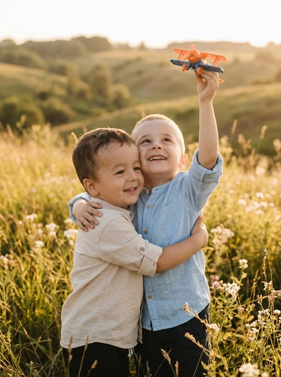 Это кадр из теплой и нежной фотосессии, сделанной на природе, возможно, в поле или лугу. Цветовая гамма – мягкая, золотистая, с преобладанием теплых пастельных оттенков, создающих атмосферу уюта и безмятежности. Общее впечатление – трогательное и светлое.

В центре внимания – два ребенка. Первый ребенок стоит немного сбоку и прижимается к другому ребенку, который обнимает его одной рукой. Второй ребенок смотрит вверх, подняв другую руку, в которой держит игрушечный самолет. Лица детей выражают радость и предвкушение.

Если ребенок - мальчик то на нем надета рубашка светлого оттенка с закатанными рукавами. Если ребенок девочка, то на ней надето легкое платье светлого оттенка с короткими рукавами и юбкой А-силуэта. Ткань выглядит мягкой и приятной на ощупь. Их одежда выглядит простой и удобной, что соответствует общей атмосфере естественности и беззаботности.