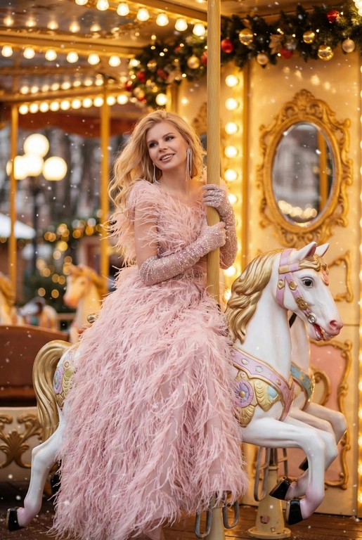   Сказочный праздничный портрет на ретро-карусели, вертикальный кадр до пола. Девушка сидит боком верхом на белой карусельной лошадке с золотыми и пастельно-розовыми декоративными элементами, руками обнимает золотой столб, на ней, уши украшены свисающими серьгами. Волосы распущены и развеваются, лицо слегка повернуто в сторону, выражение расслабленное и радостное. Фон залит тёплым светом гирлянд и лампочек карусели, золотые рамы зеркал и размытые огни парка создают атмосферу роскошной рождественской ярмарки, в воздухе лёгкие снежинки и боке. Гламурный праздничный стиль, насыщенные тёплые тона, мягкое боке, high fashion editorial, 8k, cinematic lighting, shallow depth of field, festive atmosphere. --ar 9:16 --v 6 --style raw --q 2 На ней пышное вечернее платье нежно‑пудрового цвета, полностью покрытое длинными перьями, создающими объём и движение, на руках блестящие длинные перчатки