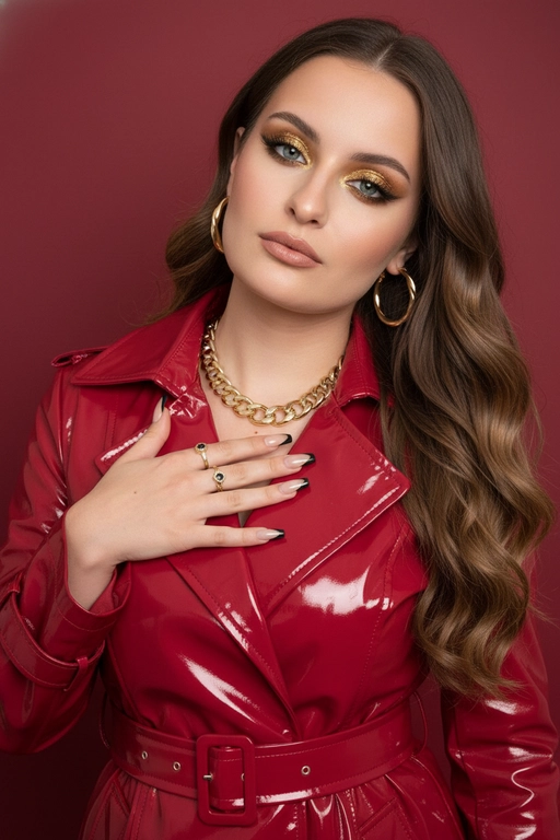 На изображении изображена женщина на красном фоне. 
У женщины длинные волосы с локонами, уложенные на одну сторону. У нее выразительный макияж: золотистые тени с блестками на веках, подведенные глаза и нюдовая помада. На ней золотые серьги и толстое золотое ожерелье. 
Она одета в красный лакированный плащ с поясом. Ее рука находится на груди, на пальцах видны кольца. У нее длинные ногти с френчем в черно-золотых тонах.
