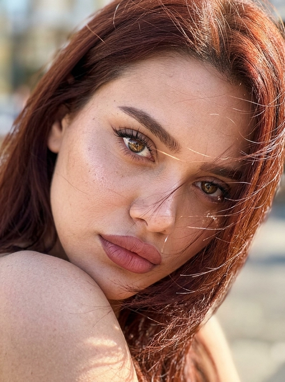 Ультрареалистичная фотография, случайный живой портрет, снятый на iPhone 17 Pro. Эффект настоящего кадра, сделанного в моменте, без постановочности, без фильтров и ретуши.

Внешность полностью сохранена без изменений. Женщина смотрит прямо в камеру. Голова слегка наклонена в сторону и опирается на плечо, плечо частично закрывает лицо. Выражение загадочное, притягательное и естественное.
Волосы активно развеваются ветром, отдельные пряди частично закрывают лицо и глаза, создавая эффект живого случайного кадра. Максимальная детализация отдельных волосков.

Легкий макияж с акцентом на глаза: длинные объемные ресницы, стрелки cat-eye на верхнем веке, идеально оформленные брови. Нюдовая матовая помада оттенка пыльной розы с контуром на тон темнее, влажный хайлайтер на скулах и переносице.

Одежда не видна. Основной акцент на лице, глазах и волосах.

Яркий прямой солнечный свет падает под углом на лицо, интенсивно подсвечивая глаза, подчеркивая глубину радужки, длинные ресницы и естественные блики в глазах. Солнечные лучи создают красивые световые акценты в волосах и на коже.

Естественная текстура кожи с видимыми порами, микрорельефом, легкими несовершенствами, едва заметными капиллярами в глазах. Живая кожа без эффекта пластика. Легкий цифровой шум, характерный для реальной фотографии.

Shot on iPhone 17 Pro, natural light, candid portrait, hyper detailed iris, visible skin pores, realistic skin texture, unedited RAW photo, depth of field, soft highlights, windblown hair, authentic photography, photorealistic, ultra realistic, 8k.
