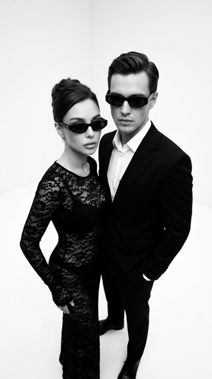 Черно-белая fashion-съёмка пары в строгих образах
