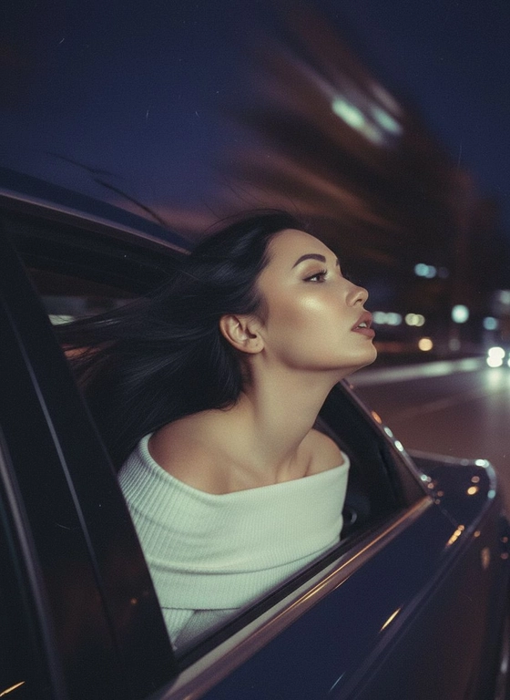Создайте фото, где я высунула голову из окна машины в тёмную, мечтательную, размытую, винтажную ветреную ночь, в белом трикотажном топе с открытыми плечами. ракурс боковой. Голова чутка откинута назад. Машина в движении.  Выражение лица мечтательное, губы немного приоткрыты. Волосы развеваются в движении. Сохраните детали лица в точности. Пожалуйста, не изменяйте черты лица и оставь таким, какое оно есть.
