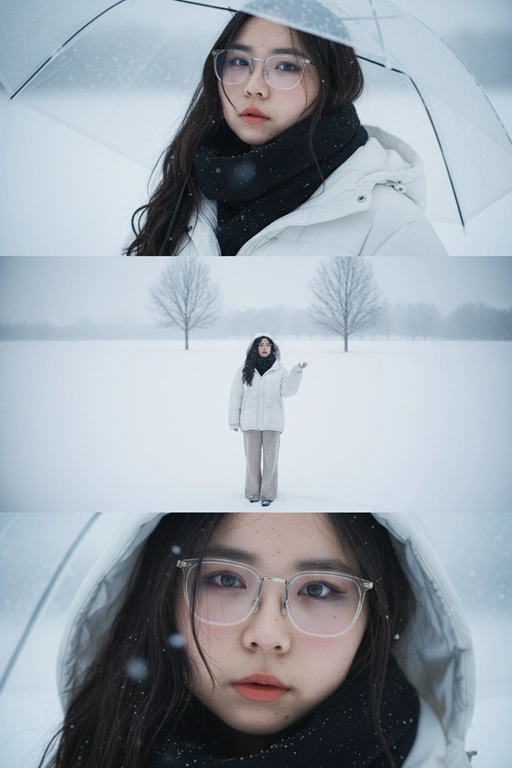 Создай вертикальный кадр, разделённый на три горизонтальных изображения одинакового размера, расположенных рядом. Главный персонаж основан на референсном лице, причёске и фигуре: фигура с выражением грусти и ностальгии, с глубокими глазами, излучающими одиночество. Наряд представляет собой свободный белый зимний пуховик, широкие брюки и чёрный шарф. Общая атмосфера утопает в белом снеге, холодная цветовая палитра навевает меланхолию и одиночество. Изображение 1 (портрет): Персонаж держит прозрачный зонт, слегка откинув голову назад и глядя прямо в кадр через плечо. Выражение лица печальное, взгляд проникновенный. Фон размыт снежной белизной. Изображение 2 (в полный рост): Персонаж с зонтом стоит один на бескрайнем заснеженном поле, идя и глядя в небо. Камера направлена ​​сверху вниз, как будто персонаж поднимает руку, чтобы поймать падающие снежинки. Вдали виднеются несколько голых деревьев без листьев. Сцена передаёт ощущение ничтожности и изолированности на фоне бескрайности природы. Изображение 3 (крупный план): Увеличенный кадр глаз персонажа с отстранённым, печальным взглядом, вызывающим чувство одиночества и тоски.