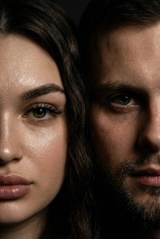   создай портрет, не меняя черты лица. Крупный план (extreme close-up) двух лиц людей, их лица прижатых друг к другу. Видны только половины каждого лица.
Драматичное освещение в стиле чиароскуро, глубокие тени.
Невероятная детализация кожи: видны поры, текстура, естественный блеск у женщины.
Выразительный взгляд прямо в камеру. Высокое разрешение, макросъемка, профессиональное студийное фото, 8K.

