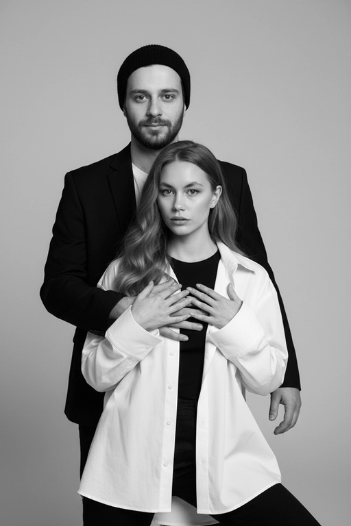 Черно-белый портрет мужчины и женщины в стиле фэшн фотосессии в фотостудии. Не изменяйте лица. Фон нейтральный, однотонный, светло-серый. Атмосфера интимная и спокойная. На переднем плане женщина. Вся композиция выполнена в приглушенной монохромной гамме со студийным освещением, которое подчеркивает текстуру кожи и одежды. Её руки лежат на груди мужчины. Мужчина обнимает женщину сзади, положив свою руку поверх её руки. Она одета в черный топ, белую оверсайз рубашку. Мужчина одет в  классическом черном пиджаке и белой футболке.