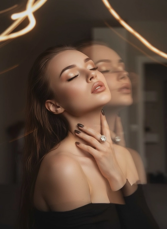 Создайте портрет женщины с длинными, волнистыми, влажными волосами, свободно ниспадающими на плечи, некоторые пряди прилипают к лицу. Она чувственно смотрит в камеру, слегка откинув голову назад, словно наслаждаясь мгновением покоя или чувственности. Её рука нежно лежит на шее, на пальце – эффектное сверкающее кольцо. Плечи опущены. Тёмный, почти однотонный и размытый фон подчёркивает силуэт и лицо женщины. Весь образ мастерски передан с помощью размытия в движении и световых бликов, которые создают ощущение естественного, сказочного движения головы и руки. Мягкие, тёплые тона, лёгкое свечение кожи и губ создают интимную, чувственную и таинственную атмосферу. Эффекты: размытие в движении, художественная длительная выдержка, тёплые тона, атмосфера сновидения. Макияж выразительный: длинные чёрные ресницы, бежевые тени с лёгким мерцанием, выразительные контуры и румяна, безупречная кожа и пухлые губы с нюдовым блеском и тёмно-коричневым карандашом для губ. Ухоженные брови с эффектом Bravenlifting. Длинные, заостренные ногти. Реалистичное фото, как будто снято на профессиональную камеру. Сохраните черты лица такими, какие они есть.