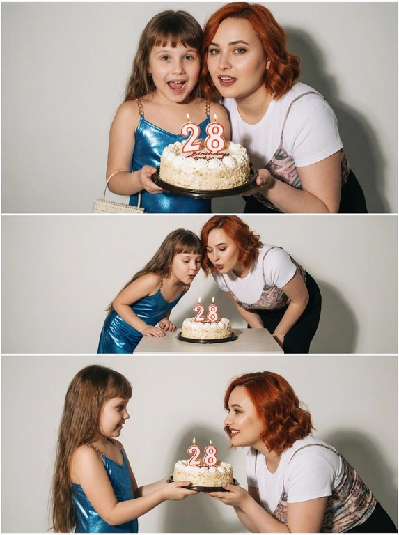 Вертикальный коллаж из трёх фотографий в эстетике 2000-х и Y2K фотосессия проходит в минималистичной студии на нейтральном светлом фоне жёсткое прямое освещение от вспышки создаёт резкие тени на стене позади и лёгкий эффект пересвета характерный для цифровых камер начала 2000-х на фотографиях взрослая модель и её детская версия маленький ребёнок взаимодействуют друг с другом это один и тот же человек в разном возрасте первая фотография крупный план взрослая модель и ребёнок стоят очень близко к камере ребёнок держит праздничный торт со свечами в форме цифры взрослая модель слегка наклоняется к торту они оба смотрят в камеру выражение лица живое и эмоциональное вторая фотография общий план в полный рост ребёнок и взрослая модель вместе наклоняются и задувают свечи на торте ребёнок с интересом и радостью смотрит на огоньки свечей третья фотография средний план ребёнок протягивает торт взрослой модели будто предлагает задуть свечи взрослая модель наклоняется ближе они улыбаются и взаимодействуют друг с другом атмосфера тёплая ностальгическая с ощущением воспоминания и времени на каждой фотографии на торте свечи в форме цифр композиция минималистичная с акцентом на взаимодействие винтажная цифровая текстура лёгкая зернистость мягкая размытость лёгкий гламурный оттенок начала 2000-х фотореалистичный стиль



Какая будет цифра: На торте свечи в виде цифры 28.
