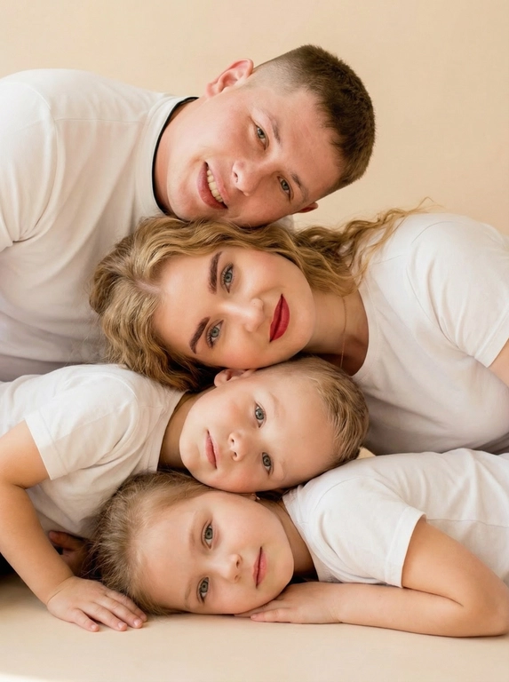    На изображении цветная фотография, на которой запечатлены три человека, лежащие или склонившиеся друг на друге, лежать горизонтально.  Все смотрят в камеру.

👤 Детализация
Композиция: Люди расположены горизонтальной стопкой. Голова каждого человека лежит на голове того, кто находится под ним (или подбородки щеки прикасаются другого).

Люди:
Самый верхний :Мужчина с лёгкой улыбкой. Одет в светлую футболку. Лицо не менять. Оставить как на фото исходном виде. 
Второй сверху : Женщина с легкой улыбкой. Одета в светлую (белую) футболку. Черты лица не менять лицо не менять. 

Третий сверху Ребёнок (мальчик) , смотрит прямо . Лицо не менять и черты лица не менять

Четвёртый сверху (девочка 7 ): Ребёнок девочка Одет в светлую (белую) футболку. Лицо не менять черты лица не менять

Эмоции и атмосфера: Все люди выглядят счастливыми, довольными и расслабленными, что создаёт ощущение тепла, единства и семейного портрета.

Одежда: Преимущественно светлые (белые) футболки
Фон: Светлый, однотонный фон.