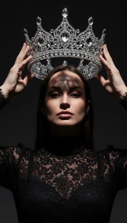 Модный портрет женщины крупным планом, стоящей прямо перед камерой, со слегка приподнятым подбородком. Она держит двумя руками почти над головой искусно выполненную корону с богатым филигранным орнаментом и крупными сверкающими драгоценными камнями. Корона находится в резком фокусе, отбрасывая тень на лицо. Освещение падает сверху, подчёркивая корону и создавая драматичный, контрастный эффект. Тёмная тень на лице усиливает ощущение таинственности и элегантности. Её платье – из тонкого чёрного кружева с высоким воротом. Фон темный, усиливая драматизм. Корона полностью хрустальная.