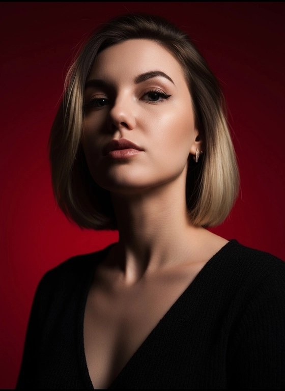 Создай портрет, используя те же черты лица (на основе загруженного фото), характеризующийся резким кинематографическим освещением и интенсивным контрастом. Снятый с немного нижнего ракурса, направленного вверх, что подчеркивает линию подбородка и шеи модели, этот портрет производит впечатление доминантности и скульптурной элегантности. Фон — глубокий, насыщенный малиново-красный, создающий яркий визуальный контраст со сияющей кожей модели и темной одеждой.