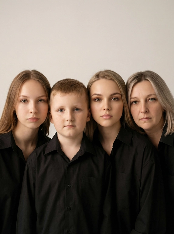Профессиональный студийный портрет с низким контрастным светом. Головы расположены строго в одну линию. боковой профиль, взгляд влево. У всех видны только головы и немного плечи. Головы занимают весь кадр. Светлый фон. Фото в портретном семейном стиле .
Все смотрят в камеру не меняй черты лица.
Все одеты в черные рубашки оверсайз 