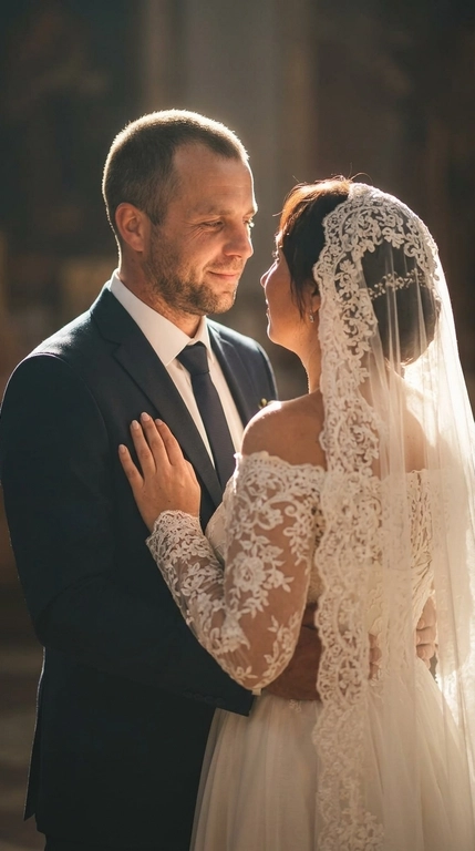 A realistic and believable shot of a couple.

Pose
The man and woman stand half-turned toward each other, creating a romantic and intimate moment. The man is on the left, softly gazing at the woman with a smile, his body slightly turned toward her. The woman stands with her back to the viewer, but has turned her head in profile to meet her partner's gaze. Her right hand rests gently on the man's chest, emphasizing the couple's closeness.

Angle
The photograph is taken from eye level, mid-ground (waist-length). The camera is positioned to focus on the couple's interaction and emotions, shifting slightly to the side to capture both their profiles.

Clothing
The man is wearing a classic dark suit with a white shirt and a dark tie. The woman is wearing an off-the-shoulder wedding dress with long lace sleeves. The dress is richly decorated with a floral lace pattern, which also extends to the long, flowing veil covering her head.

Lighting
This is the key element of the photograph.  A backlighting effect (light coming from behind the couple) is used, creating a bright golden outline (halo) around the silhouettes. The light is soft, warm, and diffused, highlighting the edges of the couple's hair and veil, giving the scene a fairytale-like, ethereal quality. The couple's faces are softly lit, with emphasis on their profiles.

Camera Effect
A shallow depth of field is used, blurring the background completely, focusing attention solely on the couple. A subtle glow (soft focus or bloom effect) softens the contours and adds a cinematic, dreamy feel to the image. Color grading is done in warm tones.

Background
The background is virtually indistinguishable due to the intense blurring and specific lighting. It can be assumed that this is a dark or subdued room, like a church, where the focus is solely on the glowing spot behind the couple.

Hairstyle
The woman's hair is partially hidden by the veil covering her head; the veil must remain on her head. DO NOT CHANGE THE FACIAL FEATURES; THEY SHOULD BE THE SAME AS THE REFERENCE PICTURE.
