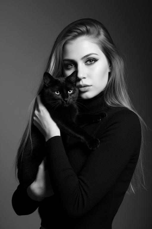 Высококонтрастный черно-белый портрет женщины в черной водолазке, держащей чёрную кошку у лица. Композиция напряжённая и интимная: оба персонажа смотрят прямо в камеру с одинаковой интенсивностью. Яркое и направленное освещение создаёт глубокие тени и подчёркивает контраст между их бледной кожей и тёмной шерстью кошки. Выражение её лица спокойное и уверенное, глаза подведены чётко, а гладкие прямые волосы естественно ниспадают на одно плечо. Фон - градиент от серого к темно-серому. Общее настроение таинственное, элегантное и кинематографичное, напоминающее портрет из модного журнала с готическим подтекстом.