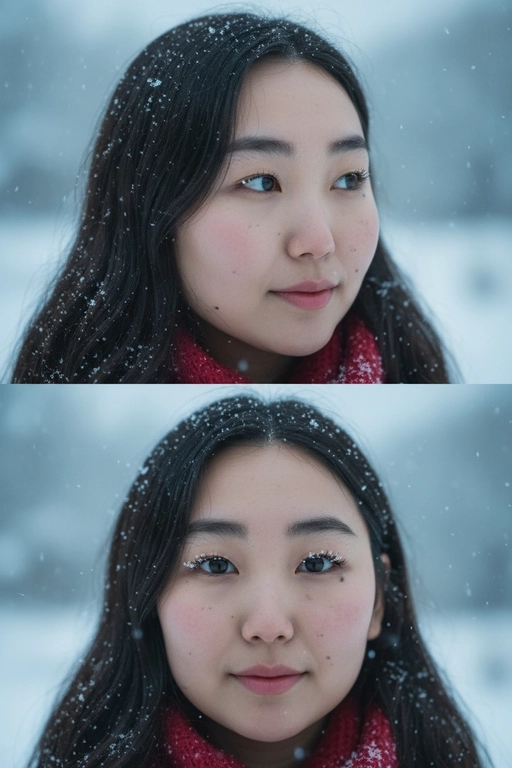 Создай коллаж из двух кадров человека, снятых крупным планом на улице зимой. Камера расположена близко, чтобы в кадре были видны лицо, шея и часть одежды. Главный акцент — на лице, глазах и снежинках, которые легли на волосы и ресницы.

Освещение мягкое, естественное, как в пасмурный зимний день. Вокруг падает лёгкий снег, отдельные снежинки чётко видны в воздухе и на коже. Фон — мягко размытый, с холодными оттенками (бело-голубой, серо-синий).

Первый кадр — человек смотрит в сторону, выражение мягкое, задумчивое, естественное. Крупный план лица, видно часть красного шарфа.
Второй кадр — прямой взгляд в камеру, нейтральное или лёгкое выражение лица, ресницы в снегу. Крупный план лица, видно часть красного шарфа.

Кожа чистая и естественная, без ретуши, текстура лица и губ сохранена. Фото выглядят как профессиональная зимняя портретная съёмка крупным планом, с эффектом свежести и спокойствия.

Оба кадра объединены в вертикальный коллаж в едином тоне и свете. Атмосфера — реалистичная, теплая и немного кинематографичная.
