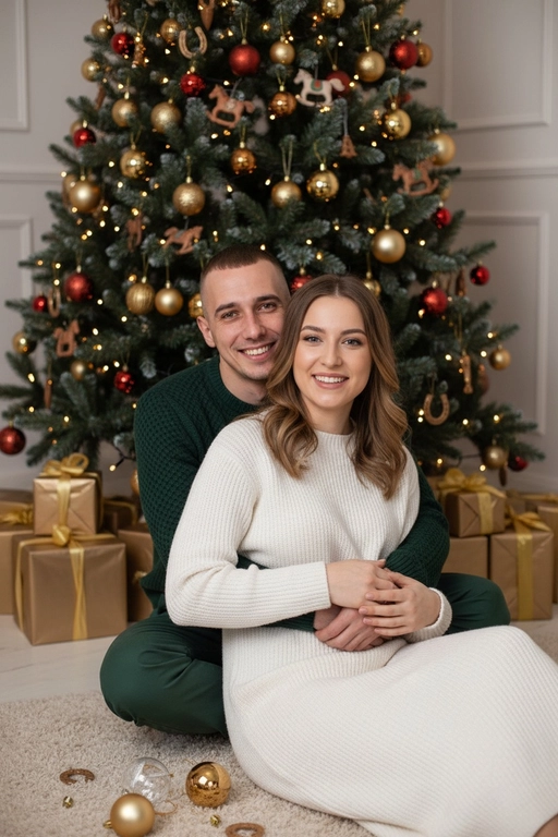 Используй предоставленные изображения и создай фото из домашней новогодней фотосессии. Не меняйте черты лица. . В кадре мужчина и женщина, они сидят на полу в обнимку, улыбаются и смотрят в камеру. Мужчина обнимает женщину сзади за талию. На женщине надето вязаное длинное платье с длинными рукавами. На мужчине вязаный свитера и штаны. На заднем плане стоит наряженная елка с игрушечными шарами, игрушечными лошадками, игрушечными подковами. Под елкой разложены подарочные коробки, перевязанные золотыми лентами. Рядом с парой лежат несколько елочных игрушек как на елке. Фотография выполнена в теплой цветовой гамме. Атмосфера уютная и праздничная. цвет платья девушки- белый, цвет свитера и штанов мужчины - зеленый. Волосы девушки чуть волнистые . Лица девушки и парня не изменять . Парень девушку обнимает взади за талию , а она его руку