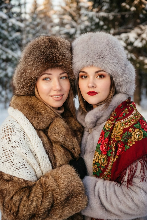 Создай кадр, который представляет собой теплый, уютный, слегка ностальгический зимний портрет в фэшн/фолк-стиле. Атмосфера спокойная, элегантная, дружеская близость двух моделей; сочетание высокой моды (мех, профессиональная ретушь) и фольклорной эстетики (вышитый шарф). Композиция и позирование: Форма кадра: портретный, вертикальный (соотношение примерно 3:4). Расположение: две женщины в центре кадра, тела и головы видны на груди; правая модель немного ближе к камере. Позы: девушки стоят близко друг к другу, левая модель слегка опирается на правую; плечи слегка повернуты к камере. Взаимодействие: мягкая улыбка, закрытое выражение лица, взгляд в камеру; дружелюбный, уверенный тон. Лица и макияж: Кожа: гладкая, естественная текстура, легкий эффект сияния. Глаза: аккуратные блики – оживляют взгляд; нейтральный/теплый макияж теней. Брови: естественная форма, слегка очерчены. Губы: у правой модели насыщенный матовый красный (центральный акцент), у левой – нежно-розовый нюдовый. Волосы: свободные пряди вокруг лица, несколько прядей с легкой волной для естественности. Шапки: большие пушистые меховые шапки с очень четко выраженной текстурой меха; справа – светло-серый мех, слева – коричневый мех. Форма: высокие, округлые, плотно сидят на голове, частично закрывают лоб – создают силуэт и рамку для лица. Верхняя одежда и текстуры: меховые пальто: густой натуральный мех у левой модели коричневый, у правой модели – светло-серый тон с видимым направлением волосков; богатая текстура и объем. У девушки справа на правом плече маленький платок с традиционным русским орнаментом – яркие цветы и листья, на фоне глубокого красного цвета с золотисто-терракотовыми, зелеными деталями; Тонкая бахрома ниспадает на ее плечо. У девушки слева на левом плече небольшой вязаный белый шарф с крупным ажурным узором, что добавляет контраста в текстуре и цвете. Окружение и фон: Лес: темные хвойные деревья, вертикальные силуэты стволов; снег на земле/вдали — размытый фон (боке).