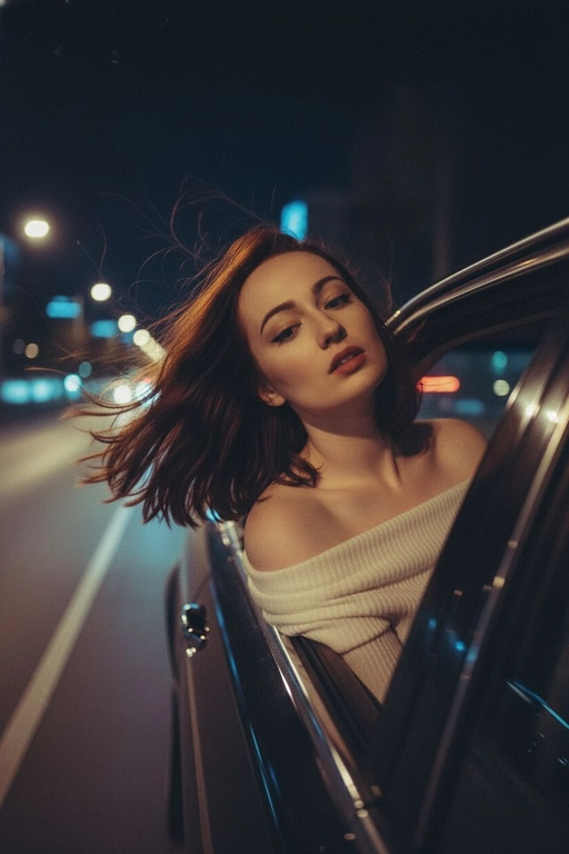 Создайте фото, где я высунула голову из окна машины в тёмную, мечтательную, размытую, винтажную ветреную ночь, в белом трикотажном топе с открытыми плечами. ракурс боковой. Голова чутка откинута назад. Машина в движении.  Выражение лица мечтательное, губы немного приоткрыты. Волосы развеваются в движении. Сохраните детали лица в точности. Пожалуйста, не изменяйте черты лица и оставь таким, какое оно есть.