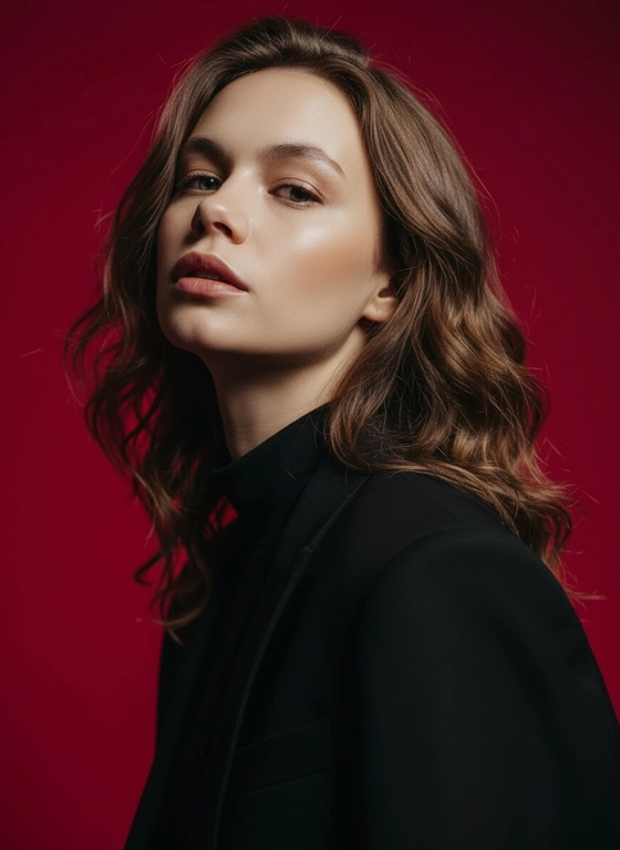Создай портрет, используя те же черты лица (на основе загруженного фото), характеризующийся резким кинематографическим освещением и интенсивным контрастом. Снятый с немного нижнего ракурса, направленного вверх, что подчеркивает линию подбородка и шеи модели, этот портрет производит впечатление доминантности и скульптурной элегантности. Фон — глубокий, насыщенный малиново-красный, создающий яркий визуальный контраст со сияющей кожей модели и темной одеждой.