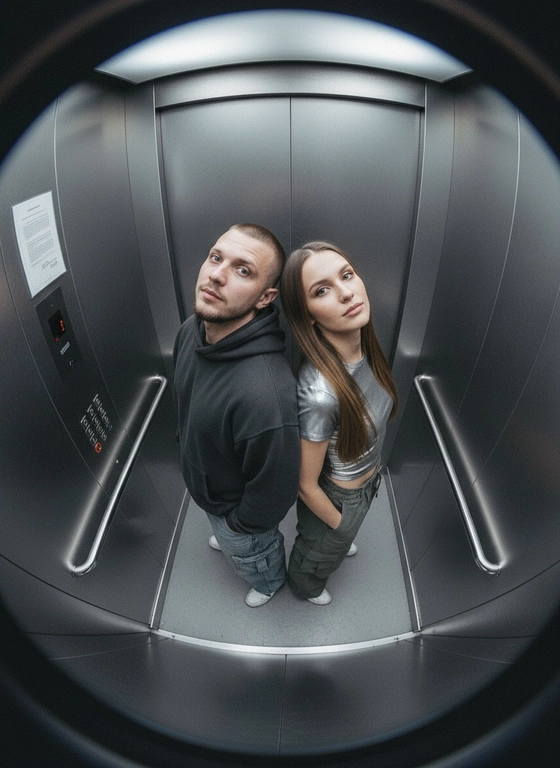 Используй предоставленные изображения и создай фото с двумя людьми в лифте с металлическими стенами. Цветовая гамма с преообладанием серых металлических оттенков. Кадр снят с максимально верхнего ракурса, люди будто заглядывают в камеру, их головы подняты наверх, взгляд в камеру. Легкий эффект fish eye. Реалистичное фото. Зернистость пленочного фото, насыщенные цвета, стиль фото y2k. Сохрани черты лица людей. Они стоят спиной друг к другу. Руки в карманах.