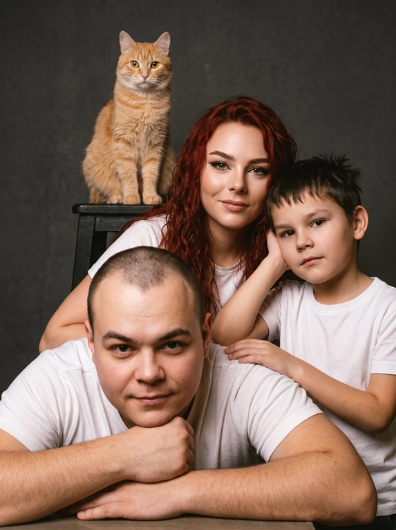 Семейный портрет с ребёнком и кошкой в тёмной студии