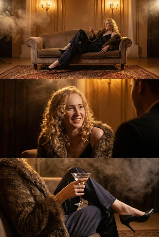 Создай кинематографичный коллаж формата 2:3, состоящий из трёх горизонтальных кадров, расположенных друг под другом. Атмосфера — роскошный барочный гостиничный холл, тёплый янтарный свет, мягкая дымка, винтажные бра, позолоченные панели, бархатная мебель. Женщина с харизмой жены мафии в тёмном атласном комбинезоне на бретелях и роскошном меховом палантине.

Кадр 1 (верхний): широкий план. Женщина расслабленно лежит на бархатном диване, одна нога вытянута, чёрные острые шпильки упираются в ковёр. В руке — бокал мартини. Комната наполнена дымом и тёплым светом.

Кадр 2 (средний): средний портрет. Она слегка улыбается, общаясь с кем-то за кадром. Свет подчёркивает её волосы и мех на плечах. Атмосфера интимная и тёплая.

Кадр 3 (нижний): крупный акцент на детали. Её рука с бокалом, текстура мехового палантина, атлас комбинезона, изящный изгиб ноги в чёрных шпильках, дымка вокруг.

Стиль: кинематографичный, дымный, атмосферный, глубокие тени, мягкие блики, богатые текстуры, настроение нео-нуар.