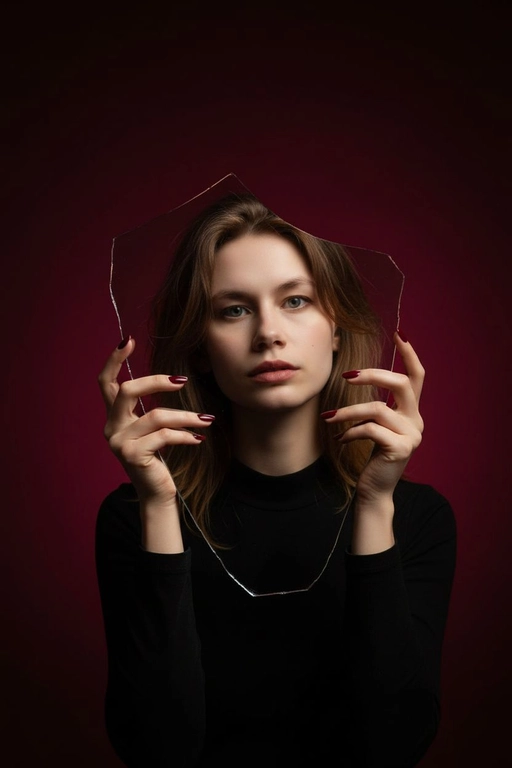 Создай фото для человека на предоставленном фото. Не меняй черты лица. Осколок разбитого зеркала держат изящные руки с длинными красными маникюром, отражая лицо человека. Выражение её лица серьёзное и выразительное. Фон — плавный градиент тёмно-красного цвета для эффектного контраста. Кинематографическое освещение с глубокими тенями, резкий фокус на глазах, сюрреалистичный и художественный стиль модной фотографии.