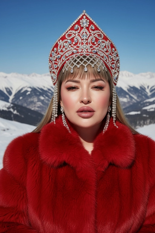 Создай портрет на открытом воздухе в стиле высокой моды, вдохновлённый редакционной фотографией Vogue. Человек элегантно позирует на фоне заснеженных гор под ярким солнечным светом. На заднем плане кинематографический альпийский пейзаж с чистым небом и свежим воздухом. Модель одета в роскошную красную шубу с плотной текстурой, украшенная детализированным ювелирным головным убором похожий на кокошник и подходящими серьгами, которые сверкают на свету. Кожа светящаяся, губы слегка приоткрыты, макияж с ярким румянцем и глянцевым финишем. Освещение яркое, насыщенное и кинематографическое, подчёркивающее контраст между красной шубой и холодными тонами заснеженных гор. Стиль: мода Vogue, высокая мода, ультрареализм, богатая цветовая палитра, разрешение 8К, естественный солнечный.