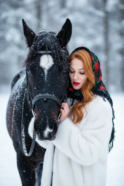На изображении крупным планом показаны девушка и лошадь в зимней обстановке. Снег падает, создавая эффект заснеженности.девушка, одетая в шубу, обнимает лошадь. у девушки нарощенные ресницы. Девушка смотрит вниз и обнимает лошадь. На ее голове надет черный платок с ярким цветочным узором, включающим красные розы и зеленые листья. На ее губах нанесена красная помада.Лошадь темной масти, на лбу у нее белое пятно в форме ромба. На голове лошади надета упряжь. Мех и шерсть обоих покрыты снежинками.Фон представляет собой размытый зимний пейзаж с деревьями. На девушке пушистая белая шуба