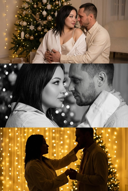 Создай новогодний кинематографичный коллаж, состоящий из трёх горизонтальных кадров друг под другом. Вечер, приглушенный свет, тёплый свет гирлянд, мягкое боке, уютная домашняя атмосфера. 

Кадр 1 (верхний): широкий план. Пара у украшенной новогодней ёлки.
Одежда: девушка в лёгкой белой рубашке, надетой свободно на шелковый топ на тонких бретельках, слегка сползающей с плеч; парень — в светлой рубашке бежево-молочного оттенка. Слабый свет гирлянд, мягкие тени, спокойный романтичный момент.

Кадр 2 (средний): крупный чёрно-белый портрет. Их лица близко, мягкое боке позади. Одежда: те же свободные рубашки, видны только верхние части — мягкая ткань, естественные складки, домашний уют. 

Кадр 3 (нижний): силуэтный кадр на фоне ярких огней. Пара тянется друг к другу. Одежда: светлые рубашки, расстёгнутые манжеты, мягко подсвеченные гирляндами. Золотой свет, много боке, тёплое новогоднее настроение.

Стиль: тёплый, нежный, интимный, романтичный, кинематографичный.