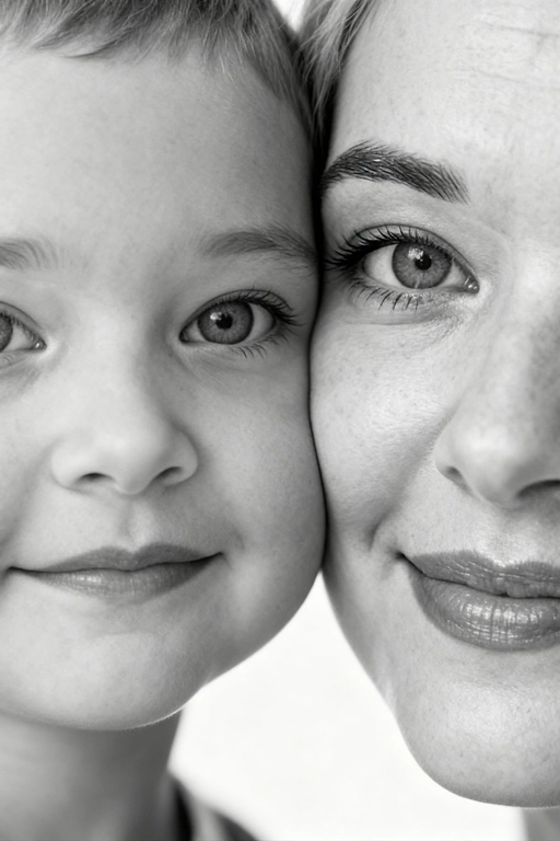 Сверхреалистичная черно-белая художественная фотография 8K женщины и ребенка, снятая очень крупным планом, щека к щеке так что видны только правая половина лица женщины и левая половина лица ребенка. которые смотрят в камеру. Их лица расположены рядом, почти соприкасаясь, образуя идеально сбалансированную симметричную композицию. Каждая деталь передана с фотографической точностью: тонкая текстура кожи и плавные градиенты света и тени. Видимая половина женщины включает ее бровь, один глаз , часть ее носа, щеку и губы, слегка приоткрытые в нежной, естественной улыбке, Видимая половина ребенка включает один глаз , круглую мягкую щеку, часть носа и небольшую улыбку, Фон белый и слегка размытый, что подчеркивает эмоциональную близость между ними. Освещение мягкое и рассеянное, создает деликатный контраст и тональную глубину. На снимке запечатлены нежность, близость и связь между матерью и ребенком, запечатленные с потрясающей реалистичностью. Не меняй черты лиц. 