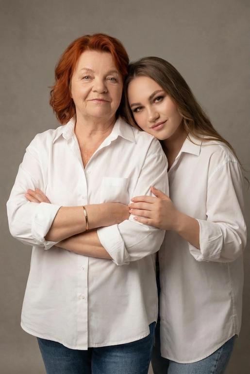 Используй эти два фото мамы и дочери и создай для них студийный портрет в чистом и элегантном стиле. Они стоят рядом, очень близко друг к другу. Дочь мягко обнимает маму за руку и слегка к ней прижимается со спины. Мама сложила руки перед грудью. Образ минималистичный, современный и стильный. На руке у матери тонкий золотой браслет. Профессиональный макияж и прическа.  Не менять черты лица ни на 1 процент. Фон — нейтральный серый с мягкой текстурой. Освещение рассеянное, мягкое, подчёркивающее естественные тона кожи. Атмосфера тёплая, нежная и спокойная, в стиле журнальной съёмки. Обе в свободных стильных белых рубашках с подвернутыми рукавами и джинсах.