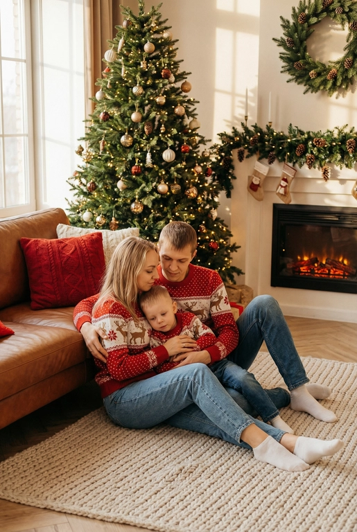   Создай трогательный кадр из профессиональной фотосессии в студии, где запечатлен момент семейной близости. Люди на фото могут быть как взрослыми так и детьми, в зависимости от предоставленных фото. Сделай так, чтобы все они смотрелись гармонично и трогательно. Фото в стиле Энни Лейбовиц, четкий фокус.

Люди в расслабленных позах на низком коричневом кожаном диване и на плотном светлом вязаном ковре. Естественные прически и минимальный макияж. 

Студия украшены в рождественском или новогоднем стиле, рядом с диваном стоит елка, позади дивана камин. Каминная полка украшена еловой гирляндой, шишками и маленькими рождественскими носочками. На диване красные декоративные подушки. В студии висят теплые гирлянды и мягко светятся.  
 
Освещение мягкое, естественное, теплое, в стиле "Золотой час", мягкие тени, камера на уровне глаз, теплый цветовой грейд (золотисто-коричневые тона), натуральные оттенки, тонкая ретушь, мягкая пленочная текстура, атмосфера уюта, семейного тепла и близости. Одежда в новогоднем стиле: уютные свитера - красного или белого цвета, с узорами или вышивкой оленя, джинсы и бежевые брюки 