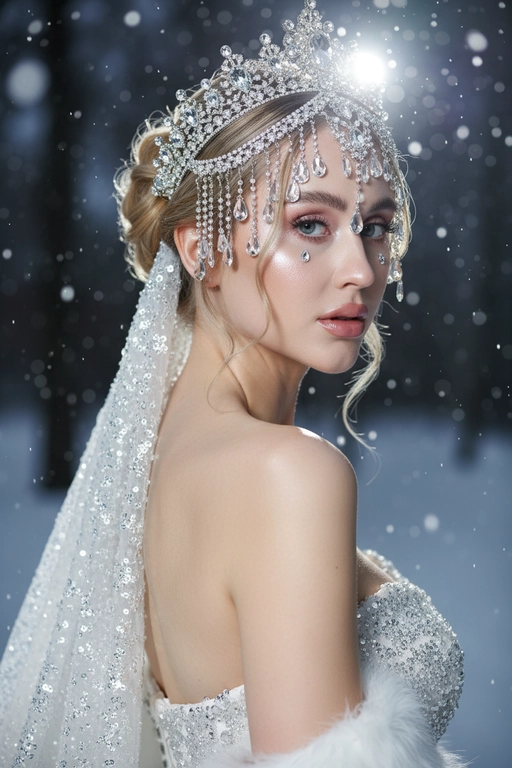 Черты лица и особенности внешности девушки должны быть точно воспроизведены с референсной фотографии. Создайте реалистичный портрет крупным планом (поза через плечо) в сверхвысоком студийном фото. Портрет женщины с аккуратными волосами и укладкой.  

**Наряд/Реквизит:** Сложнейший, тяжелый серебряный головной убор/корона со стразами, с крупными свисающими кристаллическими каплями, покрывающими лоб и виски, и подходящая, густо расшитая пайетками или стразами белая свадебная фата, закрепленная на ниже затылка. На ней белое платье без бретелек из такой же ткани, густо расшитое пайетками или стразами. По краю платья есть белая меховая окантовка. Открытые плечи, что предполагает платье без бретелек.

**Макияж:** Сияющая, чистая и увлажненная кожа. Нежные розовые тени для век, выразительные ресницы, лёгкий белый блик во внутренних уголках глаз и под ними, а также глянцевые, нежно-розовые губы. Два маленьких, светоотражающих каплевидных страза или блестящих элемента под внешним уголком каждого глаза.

Поза:** Взгляд через правое плечо в камеру мягким, но при этом пристальным и соблазнительным взглядом. Её обнажённые плечи и профиль замысловатого головного убора выделяются.

**Освещение:** Резкий, драматичный, контрастный свет сбоку/сзади (контурный свет), создающий яркий, интенсивный блик (блик объектива/эффект мерцания), который подчёркивает блеск и сверкание стразов и пайеток на слегка затенённом лице. 

**Фон:**
Зимний размытый фон со снежинками. **Камера:**
Снято на высококлассную среднеформатную камеру
(например, Hasselblad X2D 100C или Fujifilm GFX
100S) с макрообъективом 120 мм f/4, что обеспечивает исключительную четкость каждого страз, пайеток и текстуры кожи, широкий динамический диапазон и блестящий, модный редакционный результат. 

**Эффект:**
Подчеркивает исключительную роскошь, неземную красоту, резкий контраст и сверхдетализированный блеск.