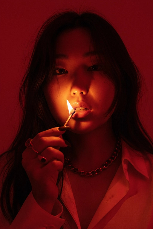 Используйте черты лица, как на прилагаемой фотографии.
смелый, кинематографичный портрет женщины, залитой темно-красным светом, которая подносит к губам зажженную спичку. Теплый отблеск пламени подчеркивает ее блестящие губы и создает эффектный отблеск на коже.
ее выражение ее лица напряженное и пленительное, обрамленное взъерошенными волосами, которые свободно ниспадают на лицо. На ней светлая рубашка и многослойные украшения, в том числе металлическая цепочка и крупные кольца. На ее длинных черных ногтях отражаются едва заметные блики света, усиливая мрачную, чувственную атмосферу. Красный фон и сдержанные тени придают глубину и визуальное напряжение, создавая эффектный образ в редакционном стиле.

Настройки камеры: iso 400, диафрагма f/2.0, выдержка затвора 1/160 сек, объектив 85 мм, ручная фокусировка, баланс белого 2800k, коррекция экспозиции -0,3 ev, подсветка одиночным пламенем с красной заливкой, минимальная зернистость, кинематографическое высококонтрастное освещение с плавными тональными переходами.