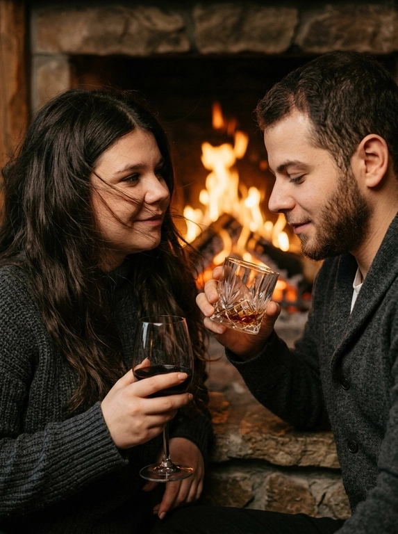 Don't change facial features. A dramatic close-up of a couple against a fireplace: the man on the right, in profile, with half-downcast eyes, looks at a glass in his hand with a slight smile; the woman on the left, holding a glass of wine, looks at her husband. The wind tousles the woman's hair, strands partially covering her face, adding dynamism. Stylish autumn clothes without accents. The woman with a slight smile. The atmosphere is intimate, cinematic, and emotional. Highly detailed skin, natural texture, soft shadows, and muted highlights. Film effect with pronounced grain, matte shadows, Kodak Portra 400 processing. Shot on 85mm in a trendy editorial style.