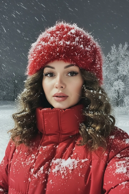 Селфи крупным планом, сделанное ночью на улице во время сильного снегопада. У женщины выразительные волосы и выразительные глаза, на ресницах и волосах которой лежат снежинки. На ней зимняя шапка из искусственного меха, почти полностью покрытая снегом, и пуховая куртка, припорошённая снегом на плечах и воротнике.
Освещение: мягкий холодный ночной свет сверху и немного спереди, создающий лёгкое свечение на щеках и лёгкие блики на куртке.
Поза: она держит камеру чуть ниже уровня глаз, уверенно снимая своё лицо снизу вверх; губы слегка приоткрыты, выражение лица спокойное, но выразительное. Фон: тёмное зимнее ночное небо, едва заметные ветви деревьев, слегка покрытые инеем, минимальная видимость для создания драматического настроения. Атмосфера: холодная, кинематографичная, с чистой зимней энергией; стильный современный снежный портрет с естественной текстурой и деталями. Шапка и куртка красного цвета. Волосы накручены